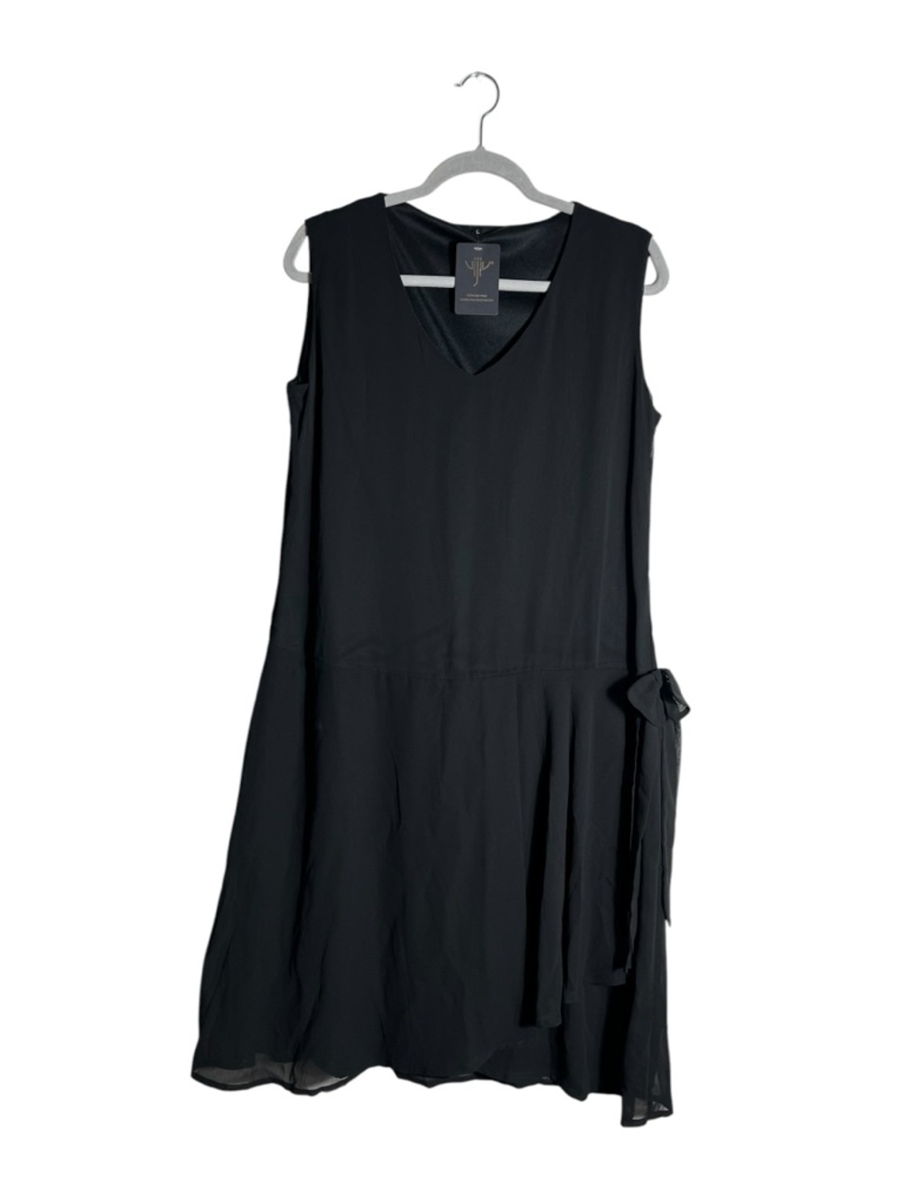 Minimalist Black Sleeveless Dress V Neck Tie Waist Flowy A Line Chic